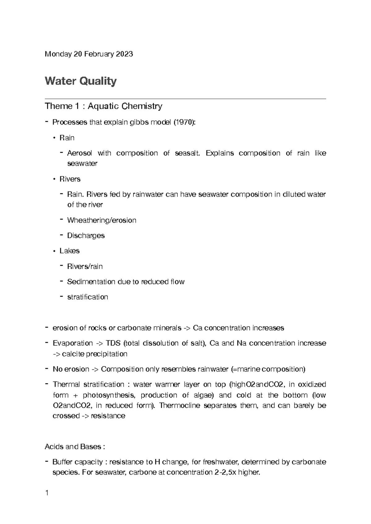 Water Quality Notes: Aquatic Chemistry & Transport Processes - Studeersnel