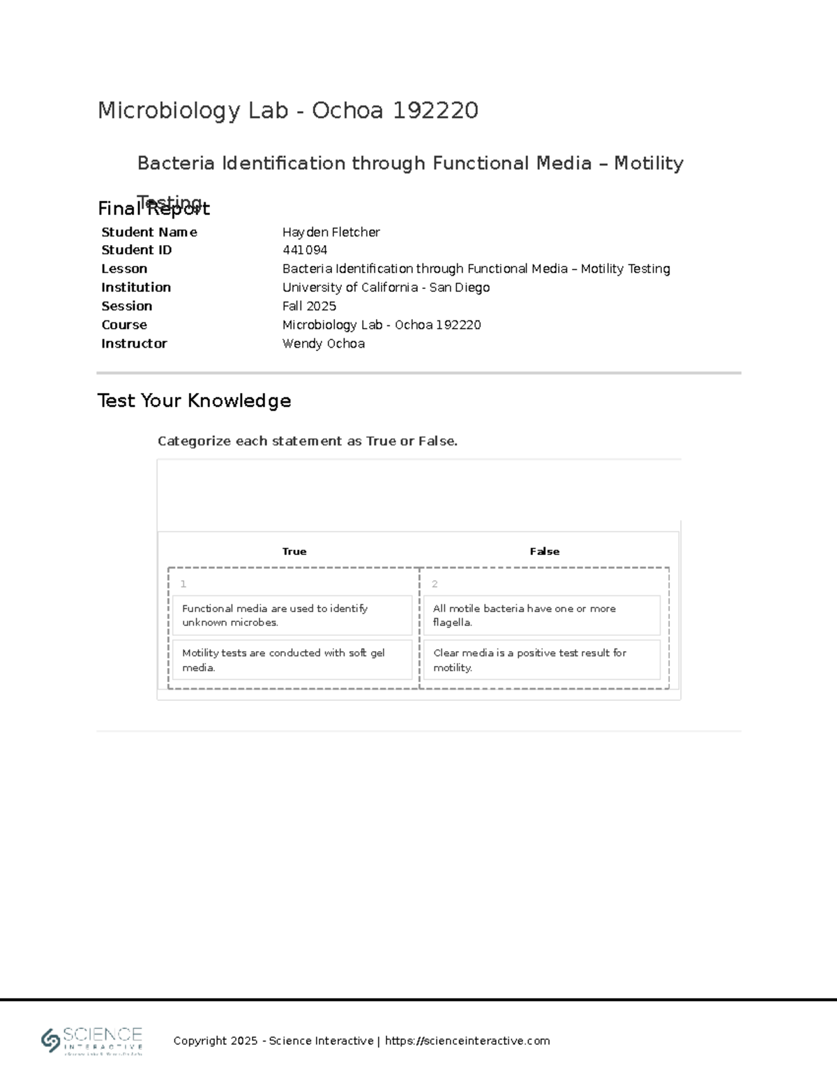 Microbiology Lab (MICO 101) Final Report: Bacteria Identification via ...
