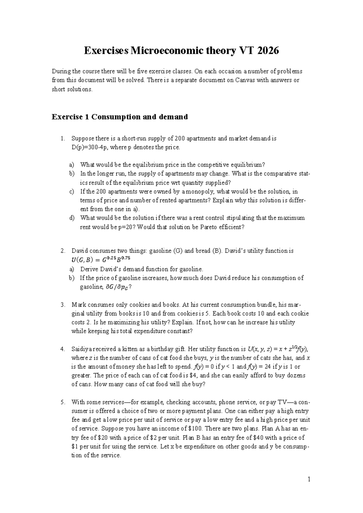 Exercises in Microeconomic Theory VT 2026 - Problem Set - Studocu