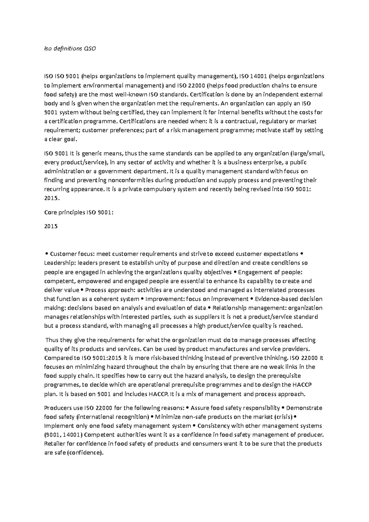 ISO Standards Overview: QSO, 9001, 14001, and 22000 Explained - Studeersnel
