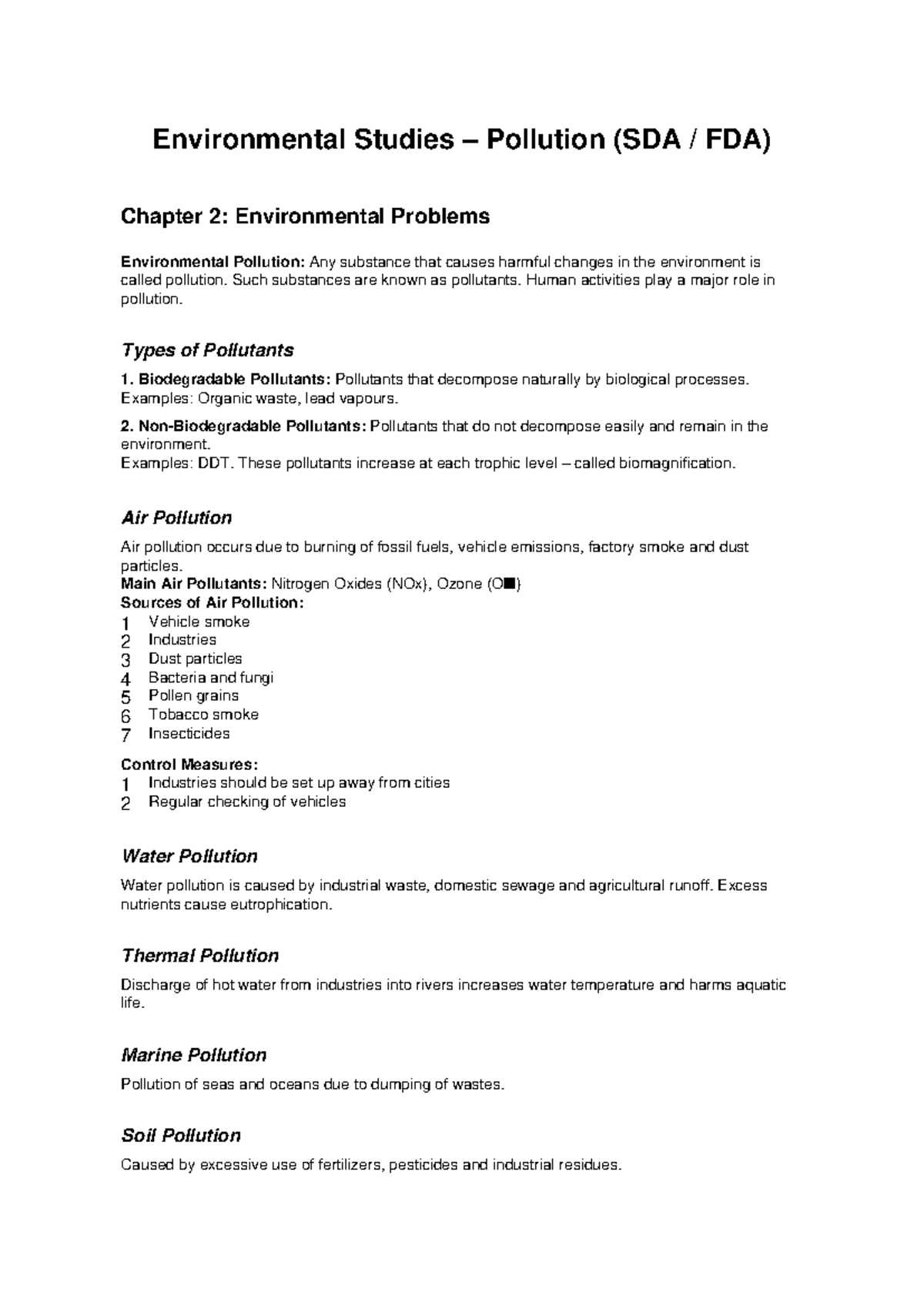 Environmental Studies Pollution (SDA FDA) Chapter 2: Key Issues - Studocu