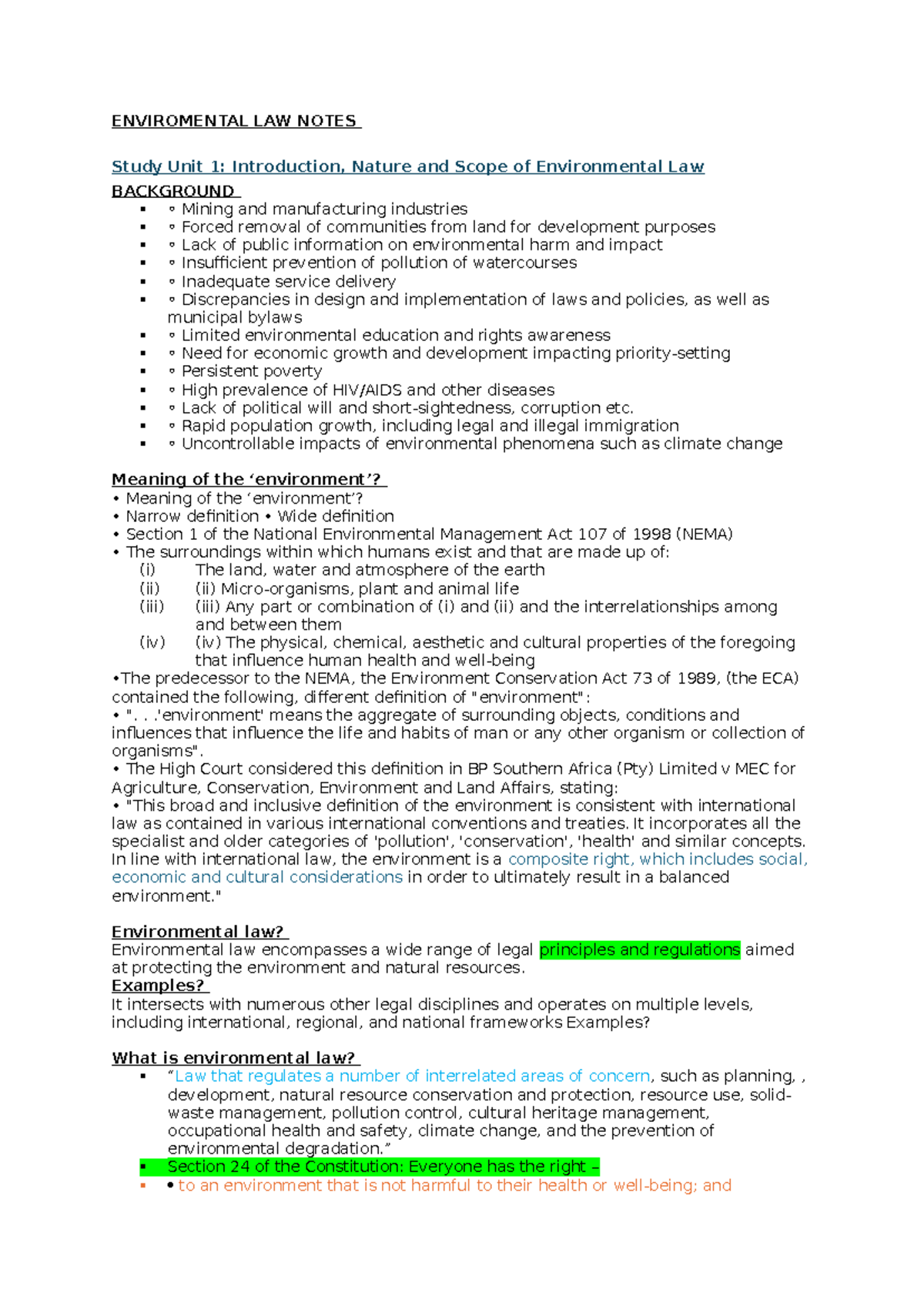 ENVIROMENTAL LAW NOTES: Study Unit 1 - Introduction & Scope of EL - Studocu