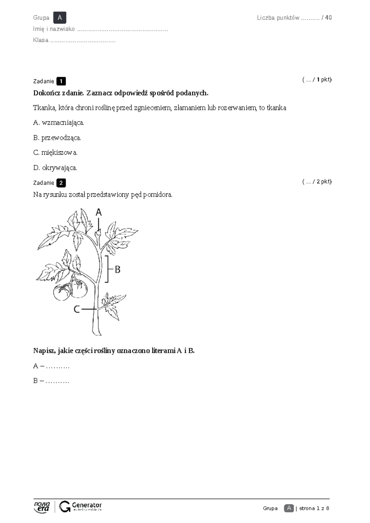 Sprawdzian Tkanki I Organy Roślinne Kl 5 www.studocu.com