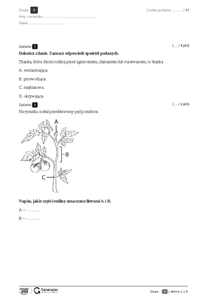 Tkanki i organy roślinne TEST klasa 5 - TEST Z DZIAŁU TKANKI I ORGANY ...