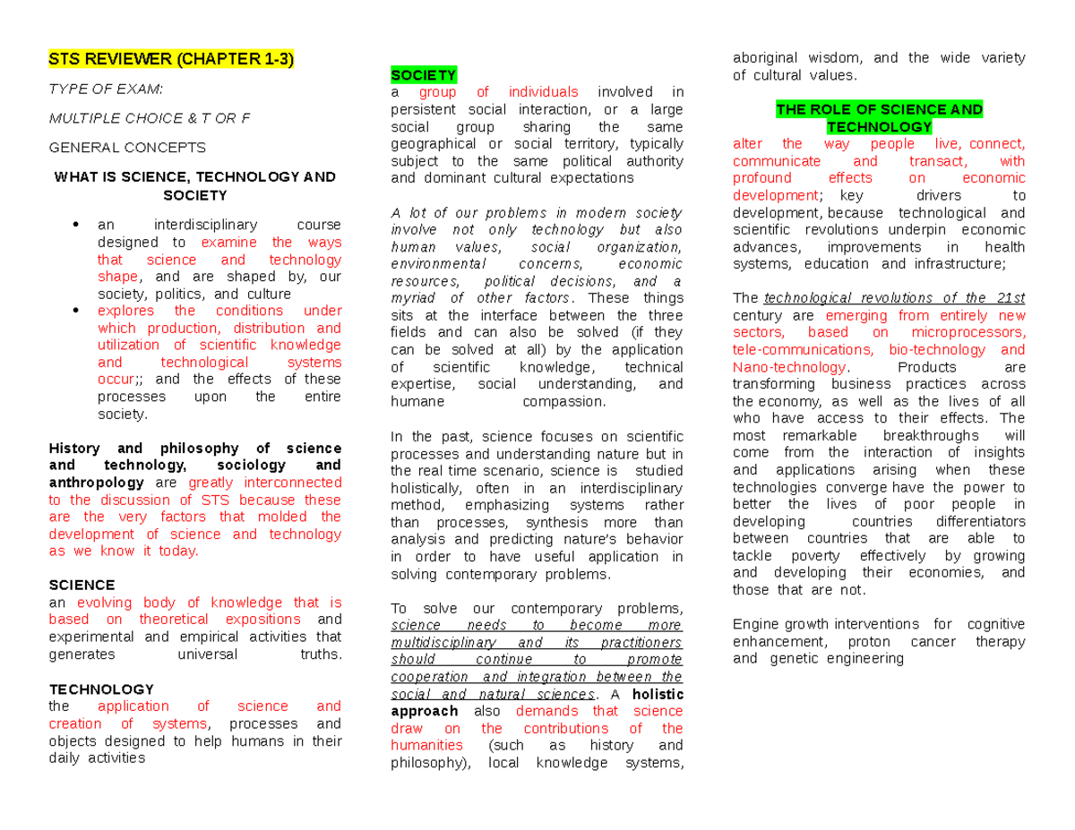 STS 101 Final Exam Reviewer: Chapters 1-3 Overview and Key Concepts ...