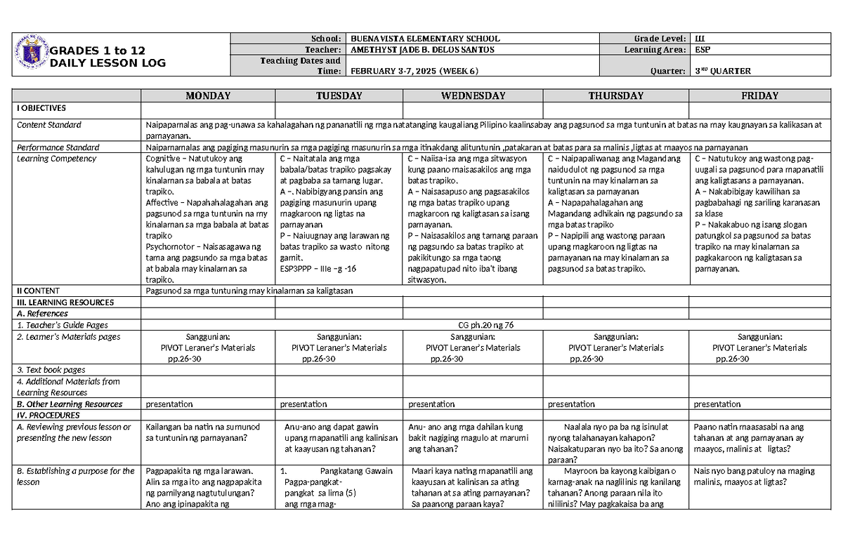 DLL ESP 3 Q3 W6 - ESP 3 WITH BOW - GRADES 1 to 12 DAILY LESSON LOG ...