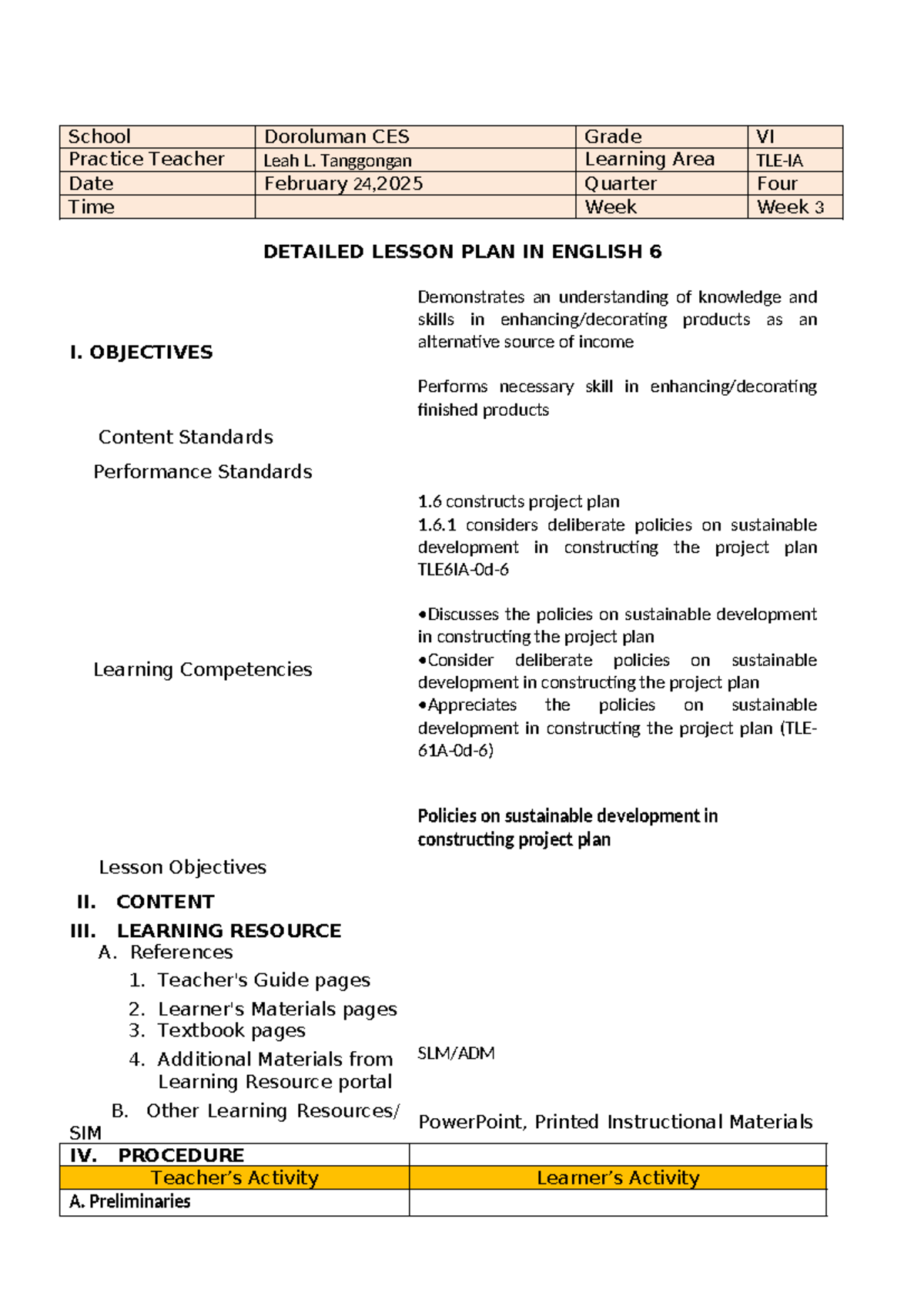TLE-DLP WEEK 3 - DLP - School Doroluman CES Grade VI Practice Teacher ...