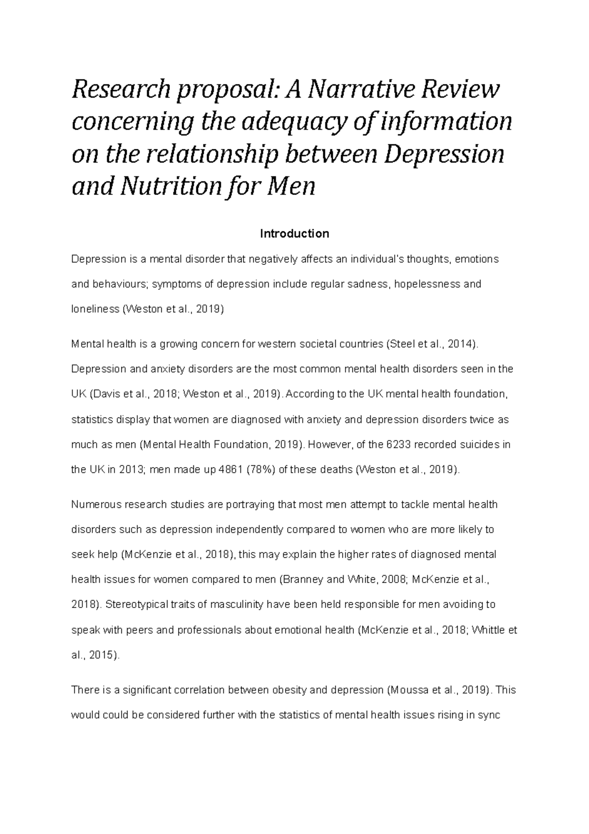 Research Proposal: Narrative Review on Depression & Nutrition for Men ...