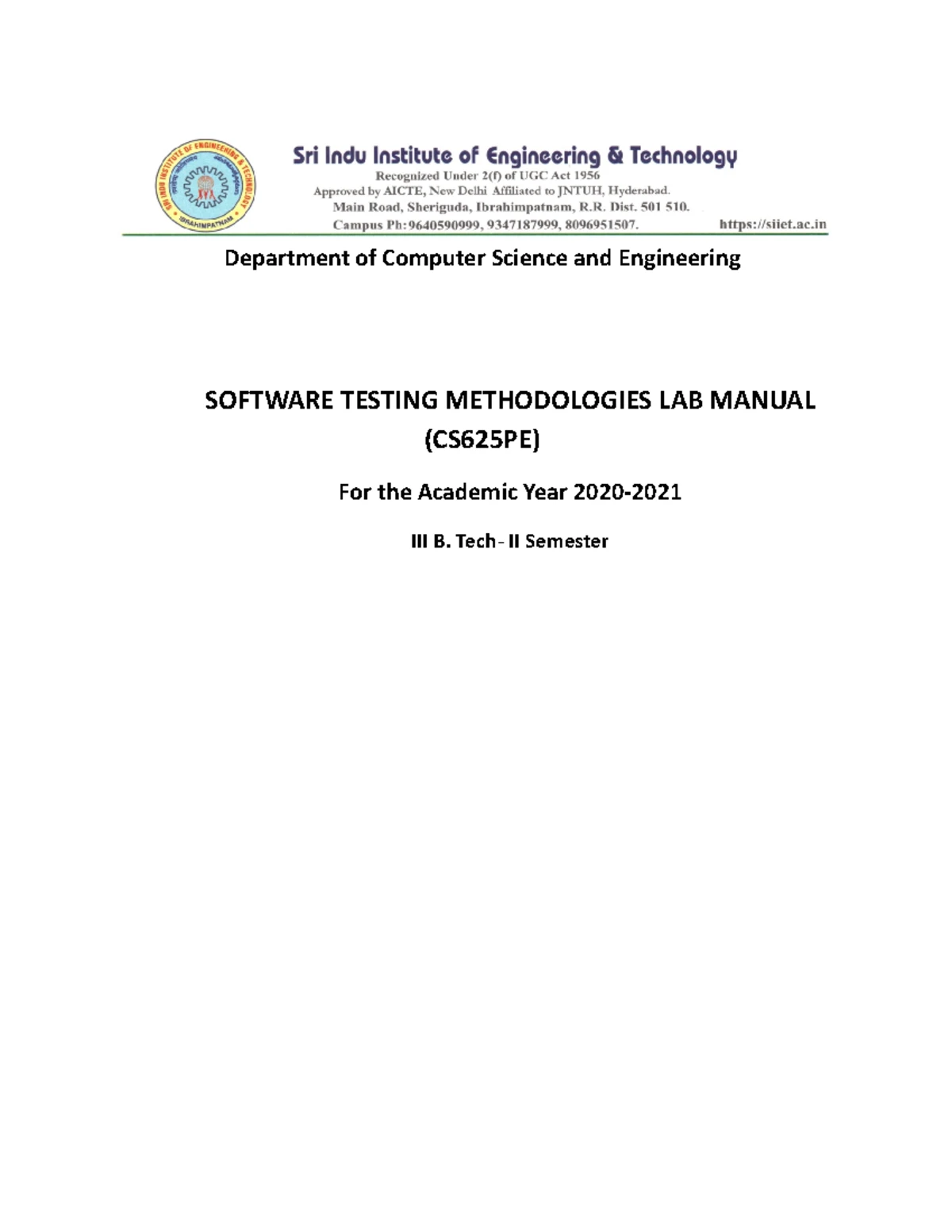Lecture Notes on Software Testing Methodologies (70615) - B.Tech IV Sem ...