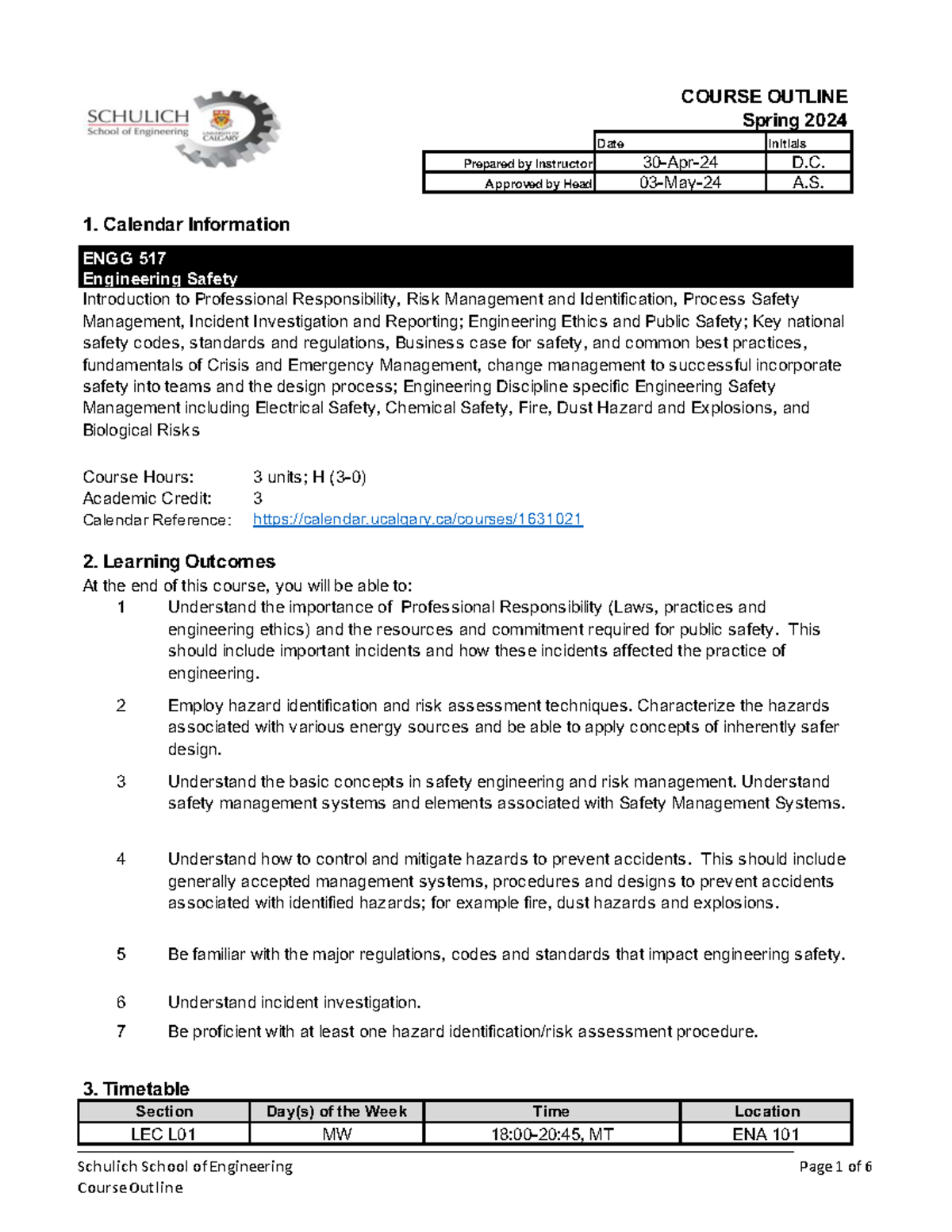 ENGG 517 - Spring 2024 Course Outline: Engineering Safety & Ethics ...