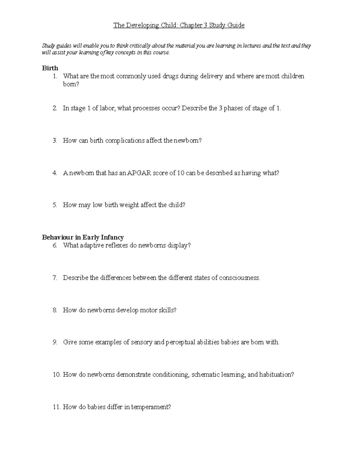 The Developing Child: Chapter 3 Study Guide on Early Infancy Concepts ...