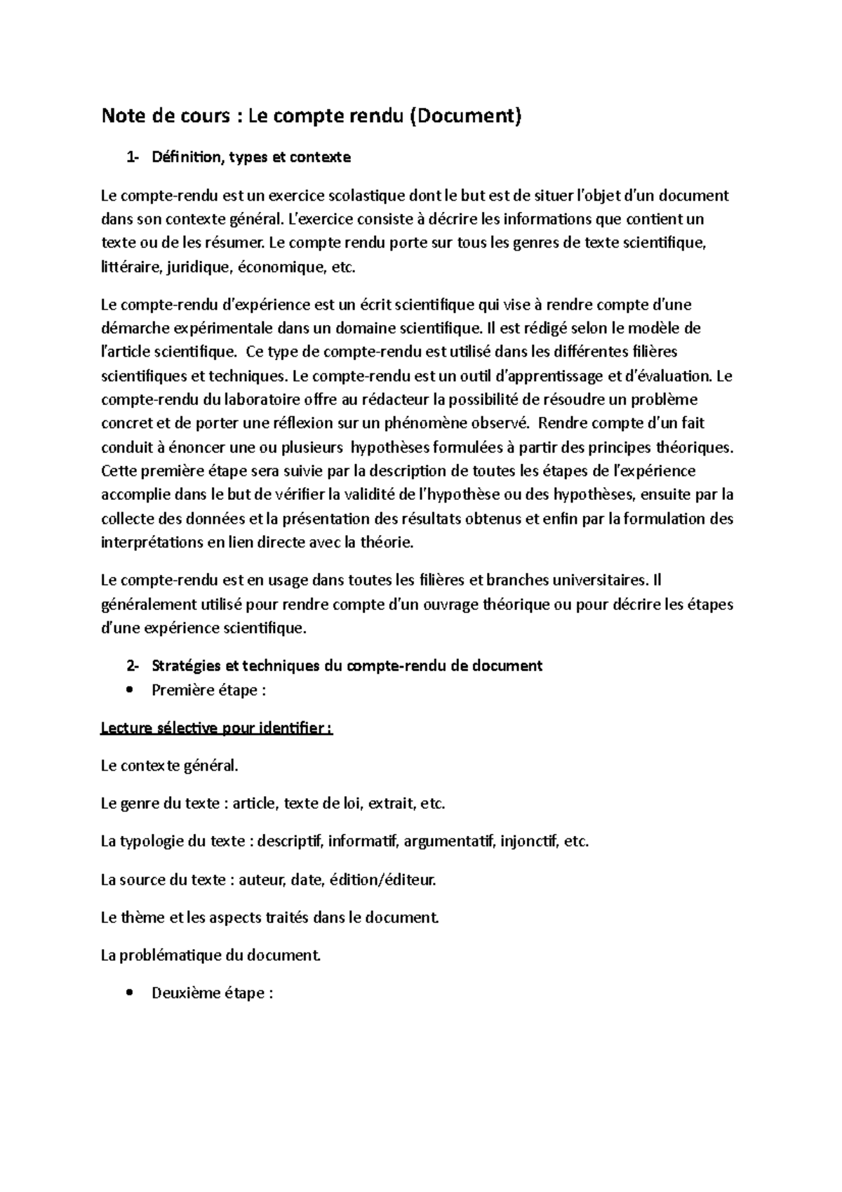 Compte Rendu - Note de Cours sur le Document (Compt-rendu) - Studocu