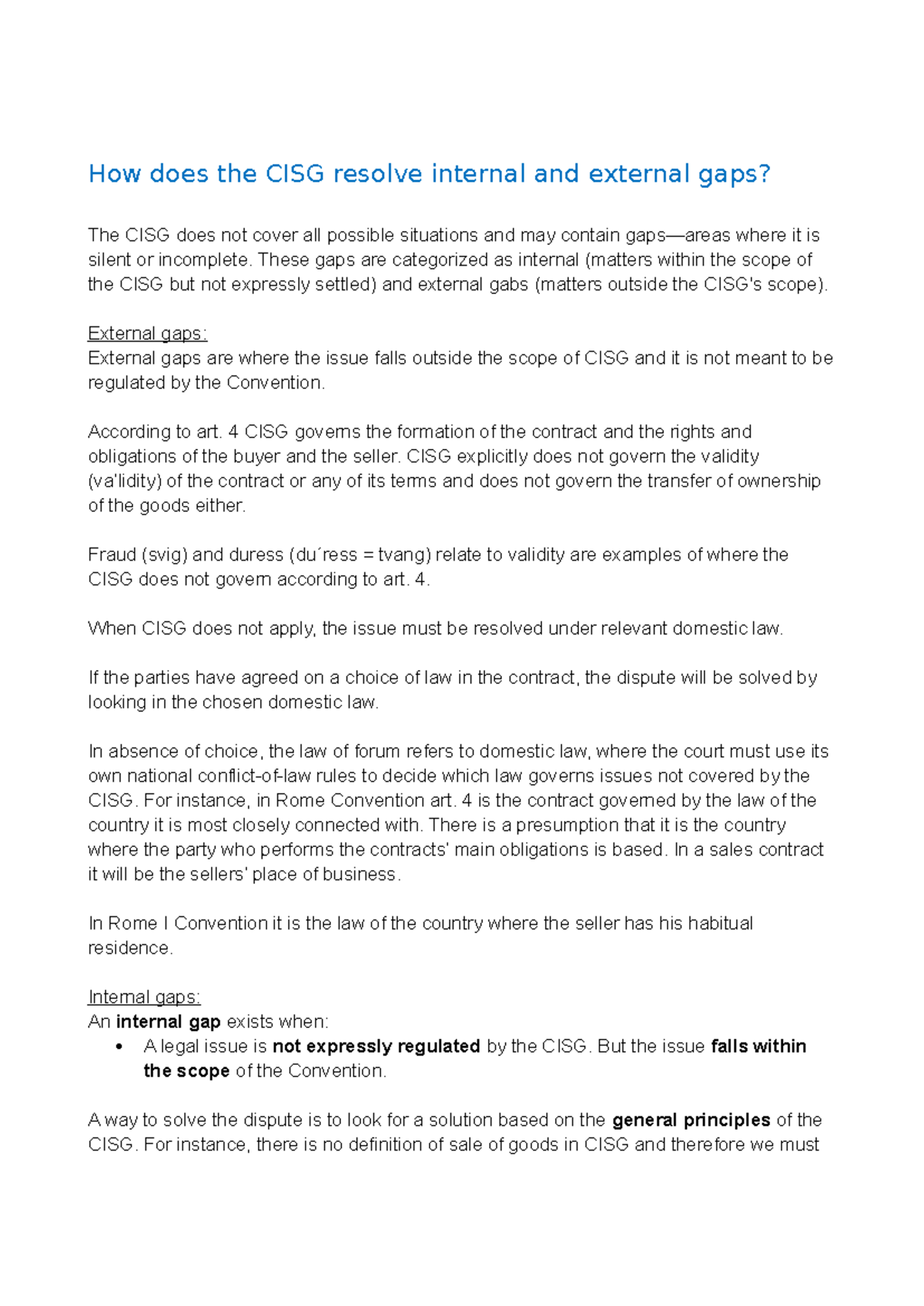 CISG Exam Questions: Resolving Internal and External Gaps - Studocu