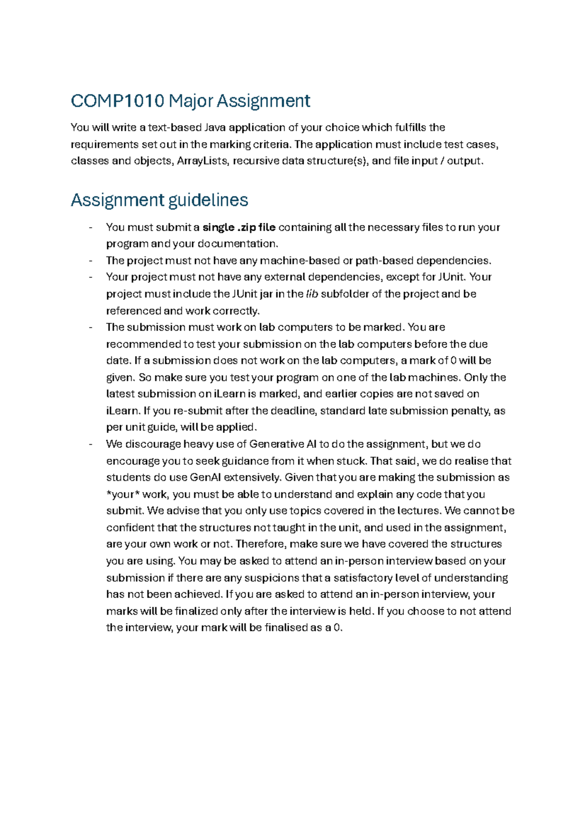 COMP1010 Major Assignment: Java Application Development Guidelines ...
