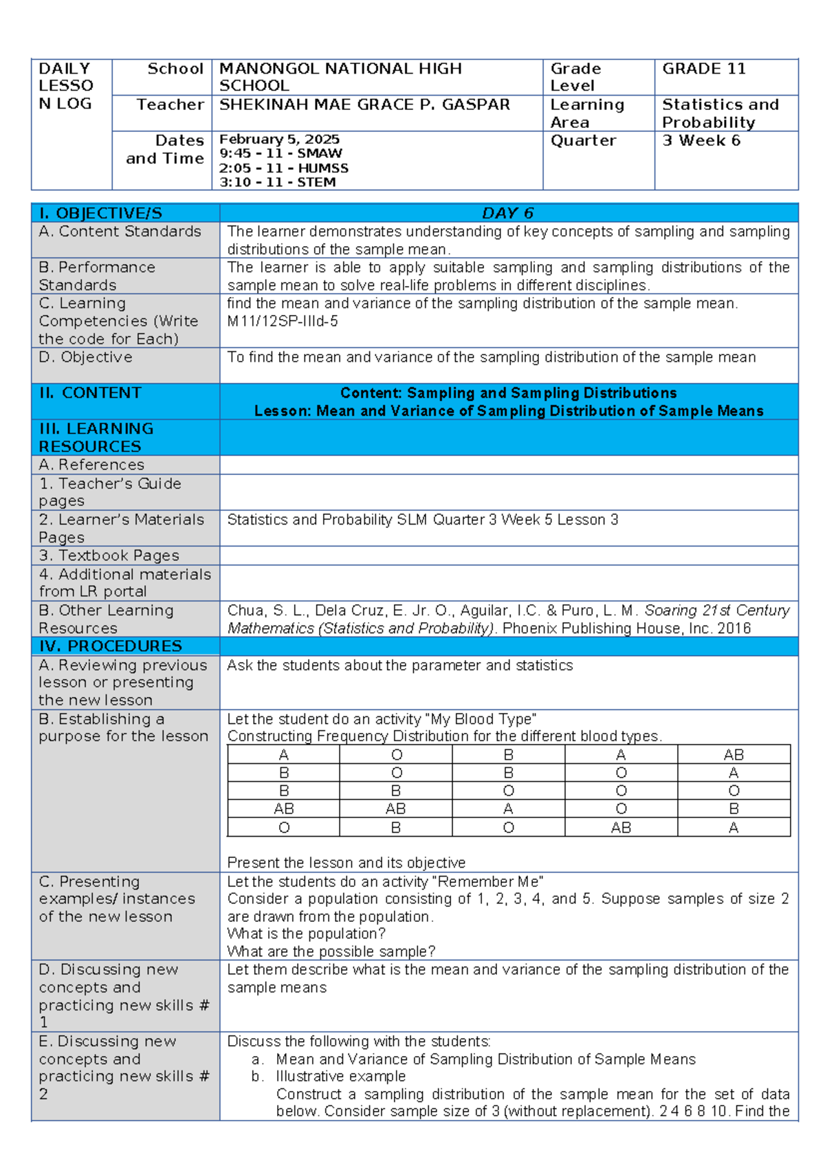 DAILY LESSON LOG: MEAN & VARIANCE in SAMPLING DISTRIBUTIONS (GRADE 11 ...