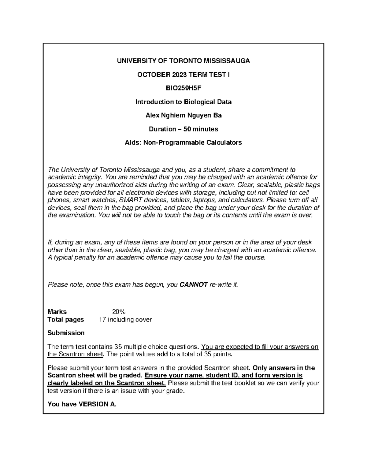 BIO259H5F Term Test I: Introduction to Biological Data (Oct 2023) - Studocu