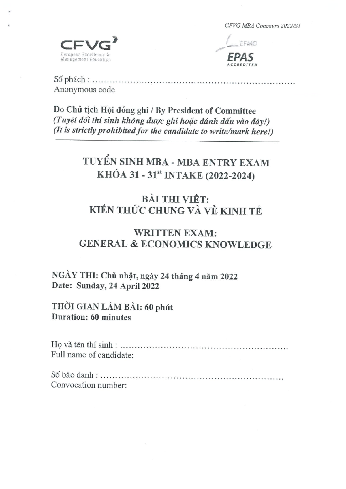 CFVG MBA Entry Exam - Written Test: General Economics & Logic (April ...
