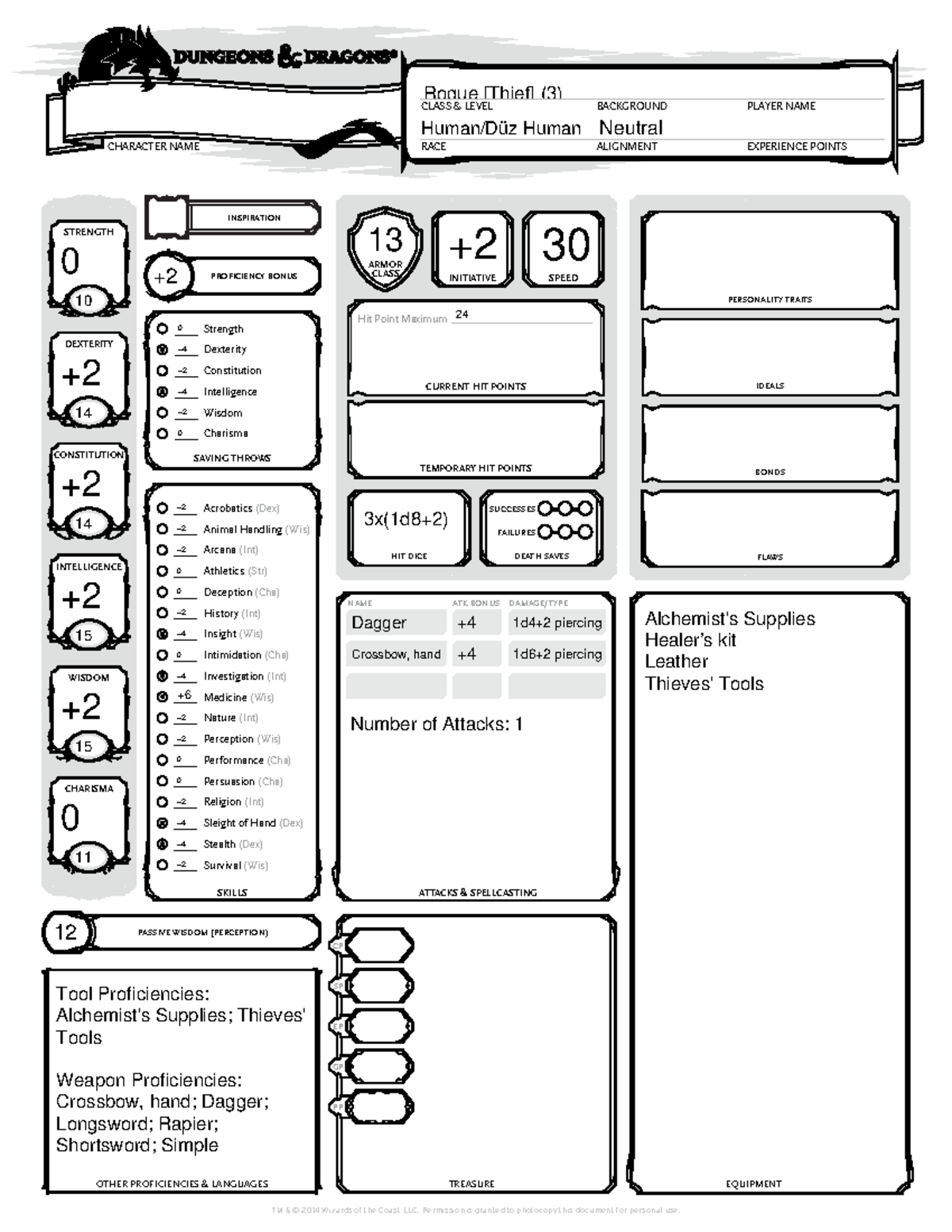 Character Sheet: Rogue (3) - Human Neutral Alignment Details - Studocu