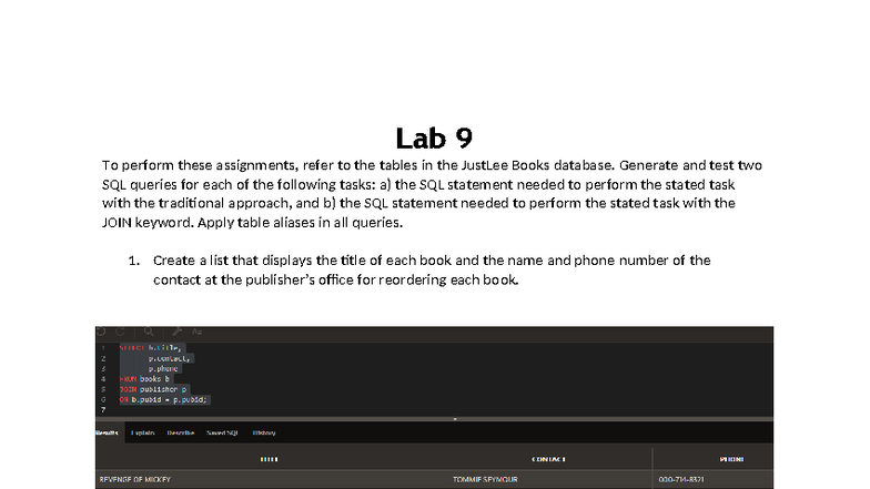 SQL Lab09: SQL Queries for JustLee Books Database Tasks - Studocu