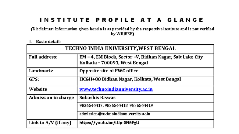 INSTITUTE PROFILE: TECHNO INDIA UNIVERSITY, WB (2023) - Studocu