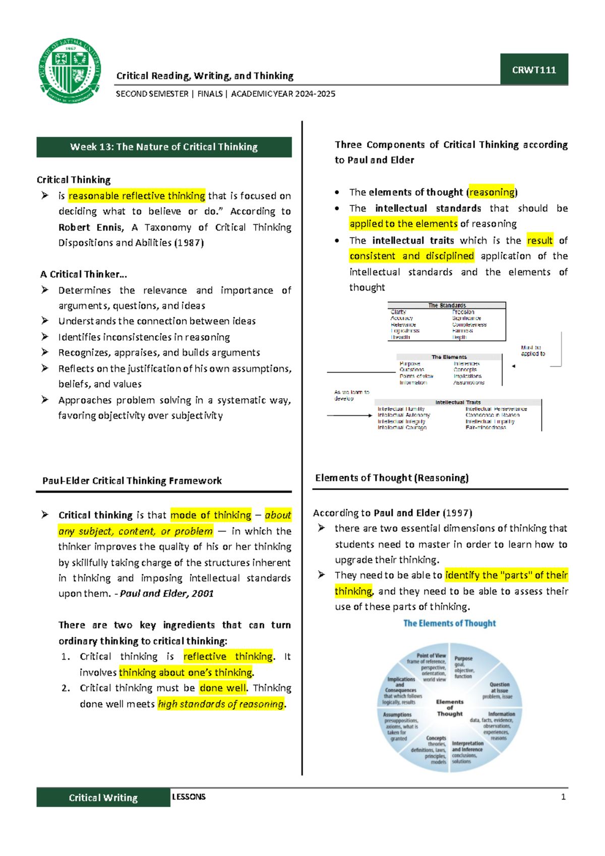 CRWT 2023: Critical Reading, Writing, and Thinking Finals Notes - Studocu