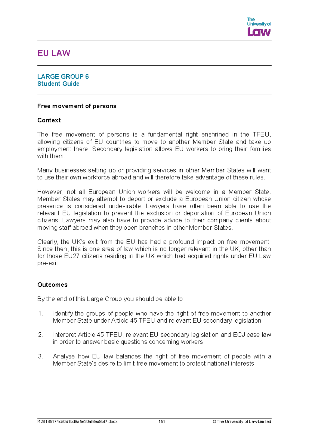 EU LAW LG6 - Comprehensive Guide to Free Movement of Persons - Studocu