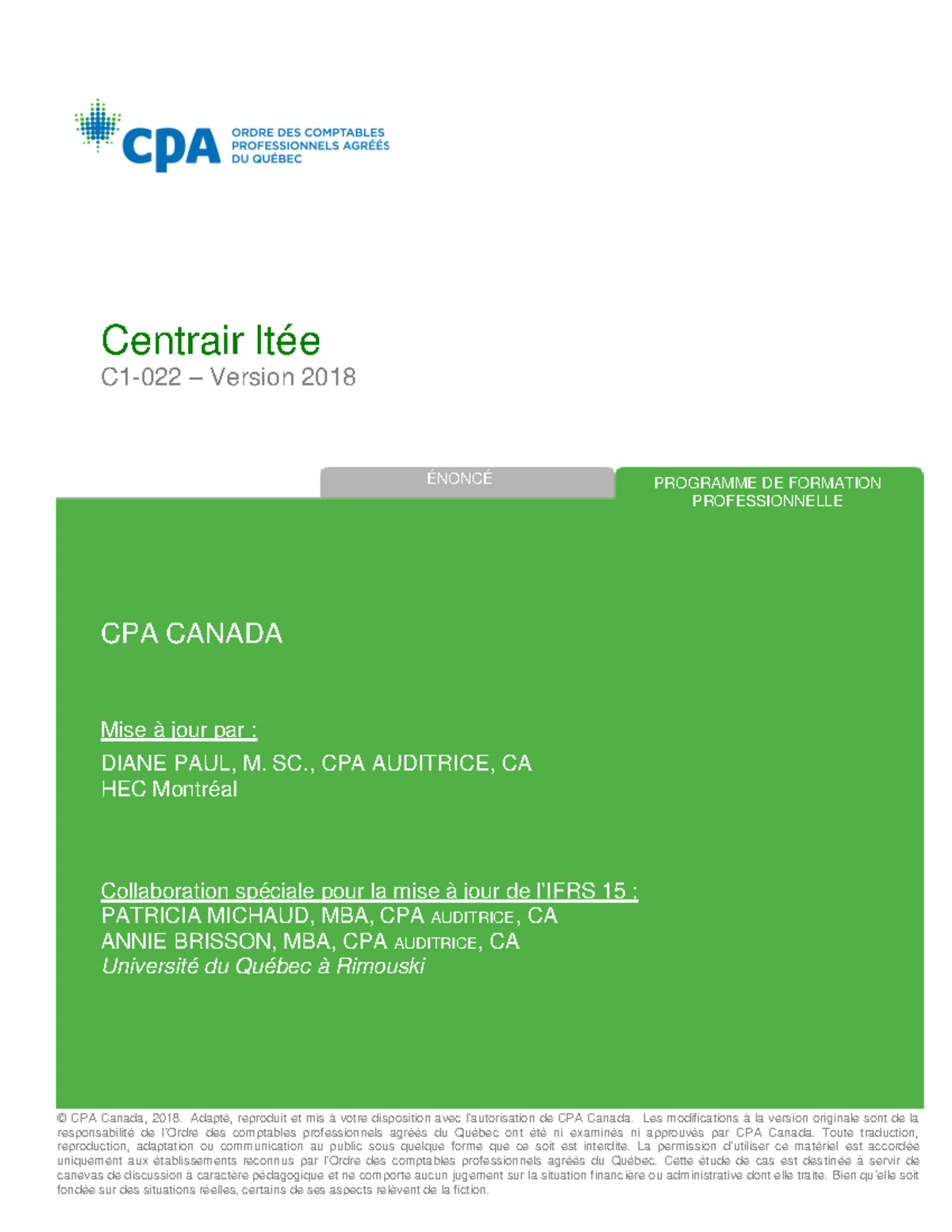 Étude de Cas CPA Canada 2018 : Centrair ltée et PNA - Analyse ...