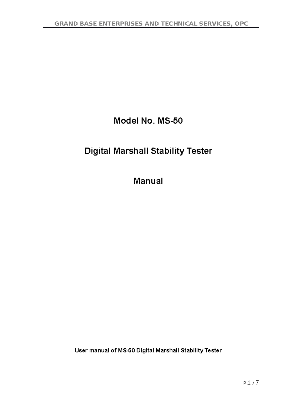 MS-50 Digital Marshall Stability Tester User Manual and Guide - Studocu