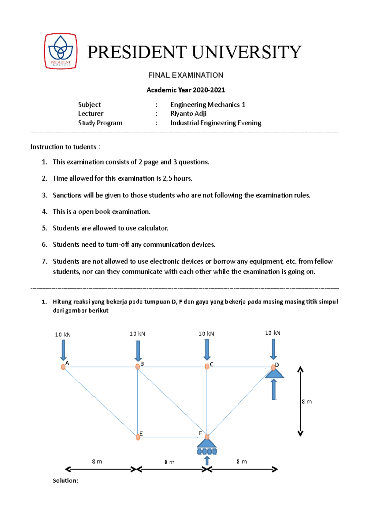Final Exam ENGM 101 - Engineering Mechanics Solutions - Studocu