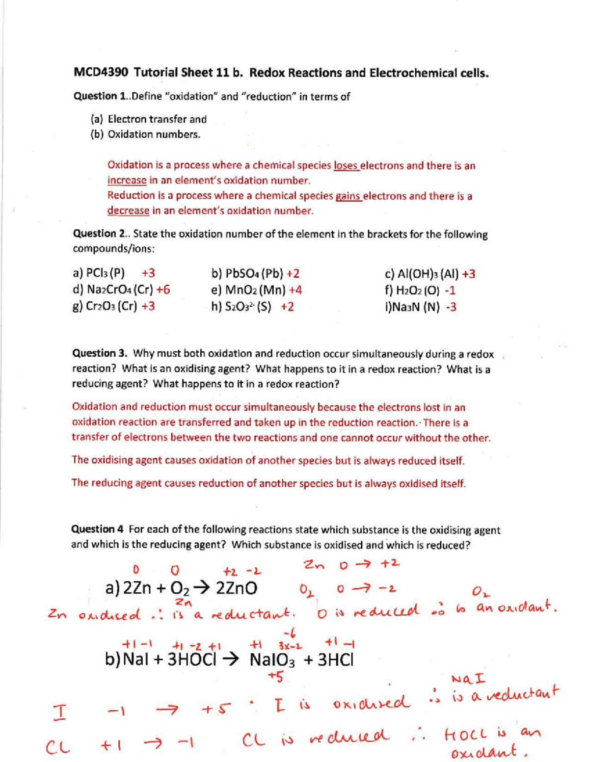 MCD4390 Redox Reactions: Tutorial Sheet 11 Solutions - Studocu