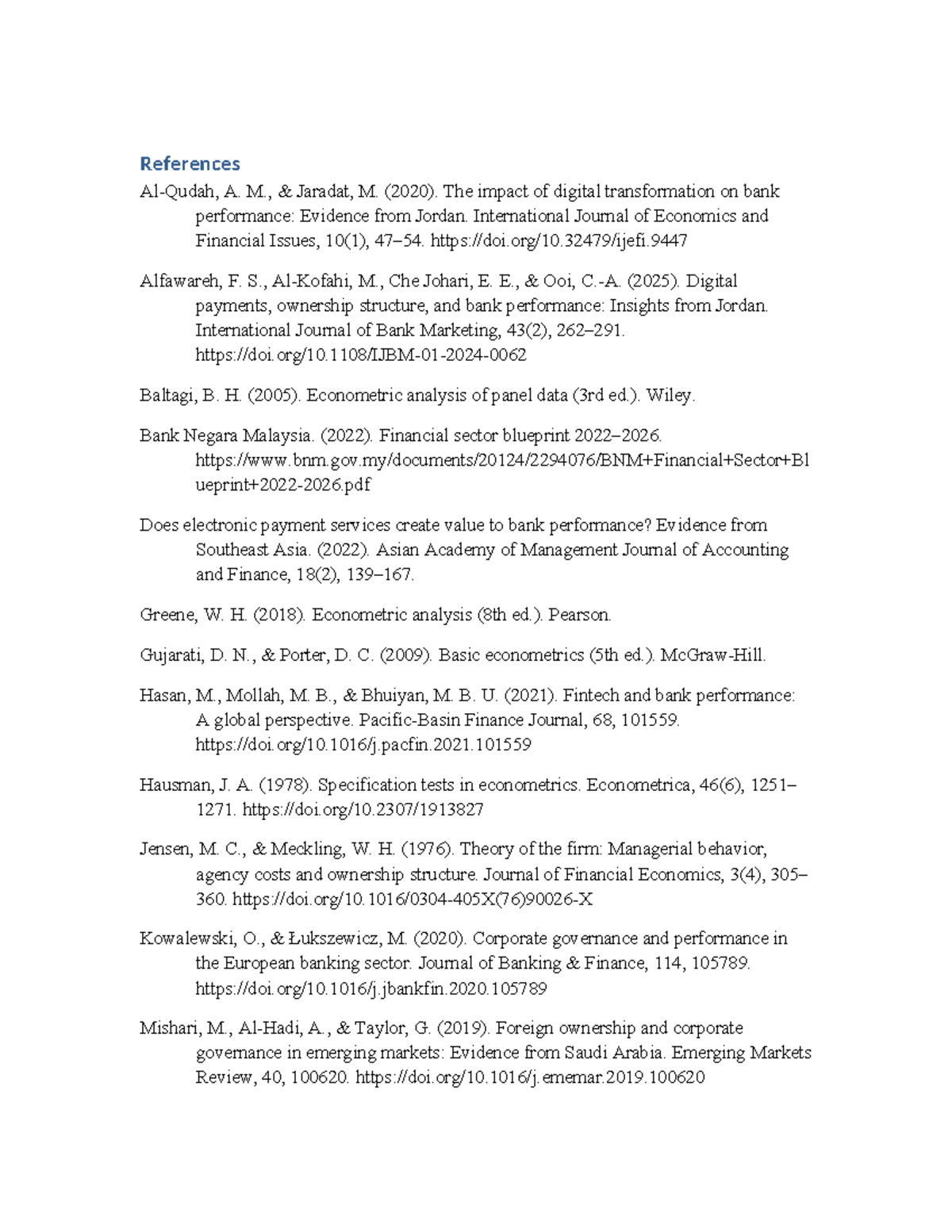 APA Reference List - Banking Performance Studies - Studocu