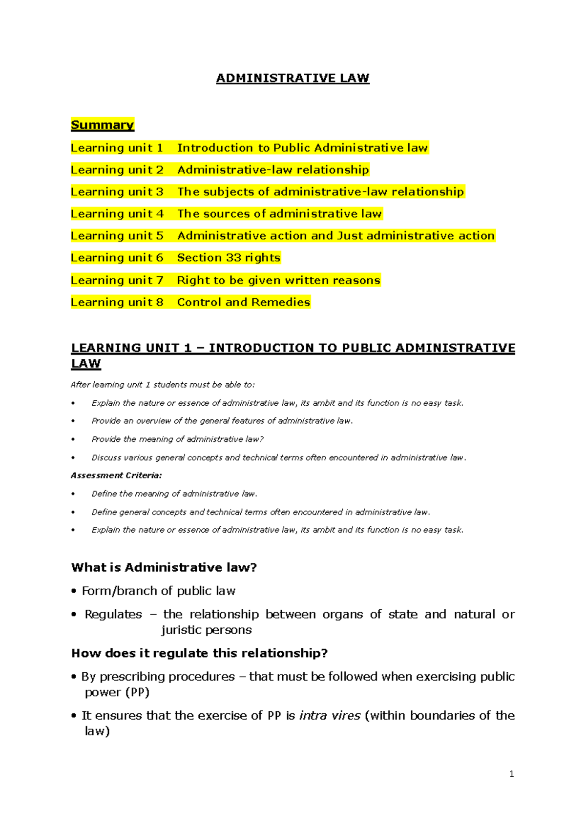 Administrative Law Test Summary and Learning Units Overview - Studocu
