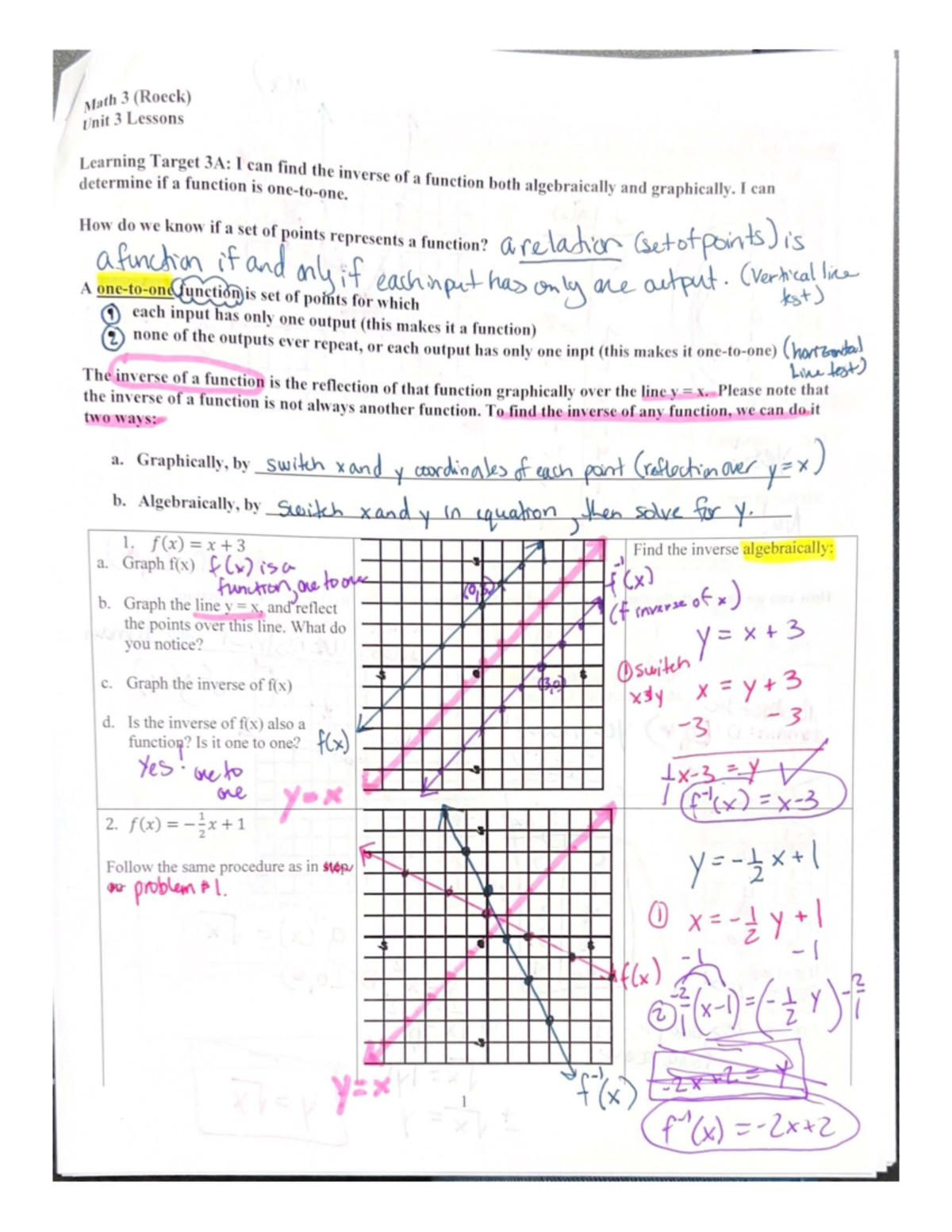 Math 3 (Roeck) Unit 3A Completed Notes on Inverses and Functions - Studocu