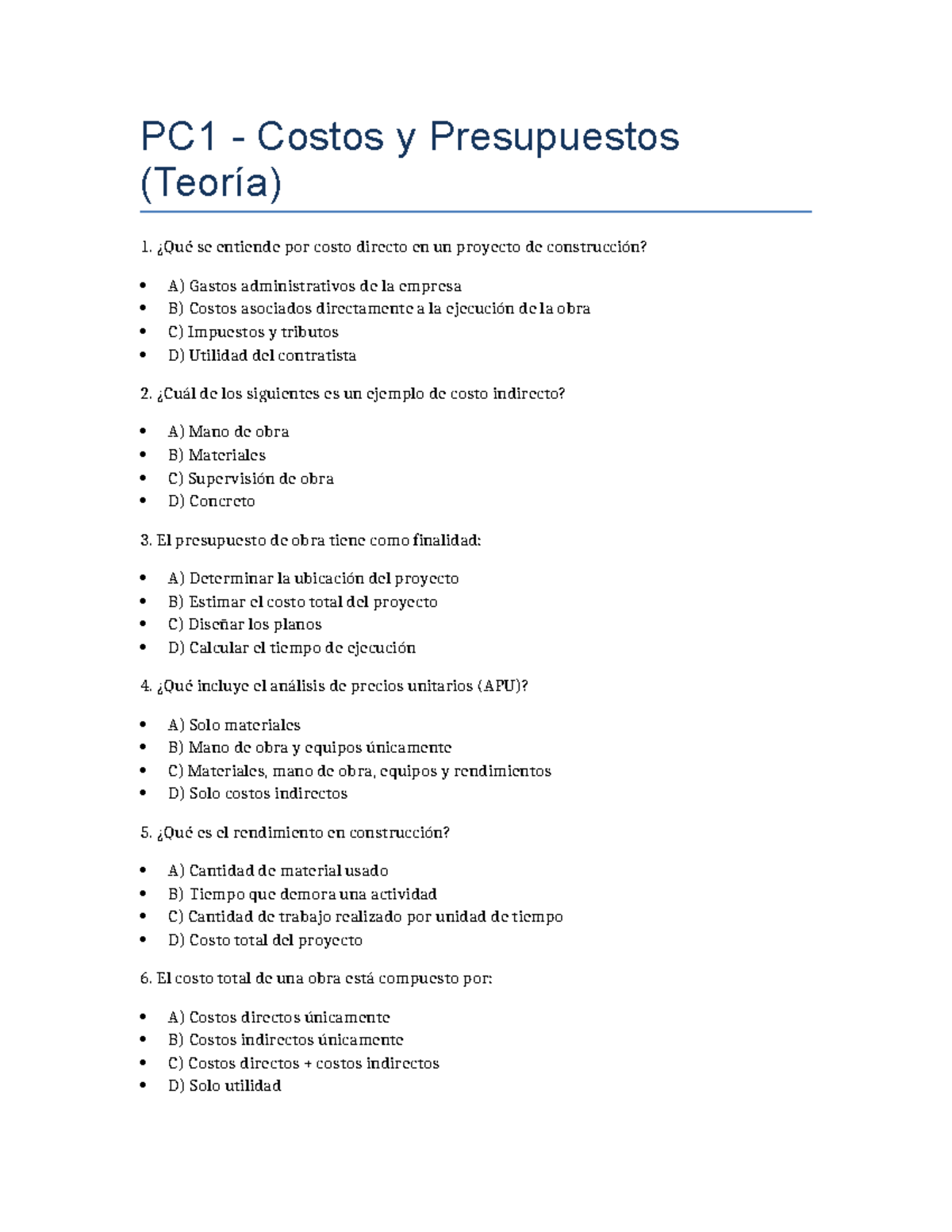 PC1 Costos y Presupuestos: Teoría y Ejercicios de Evaluación - Studocu