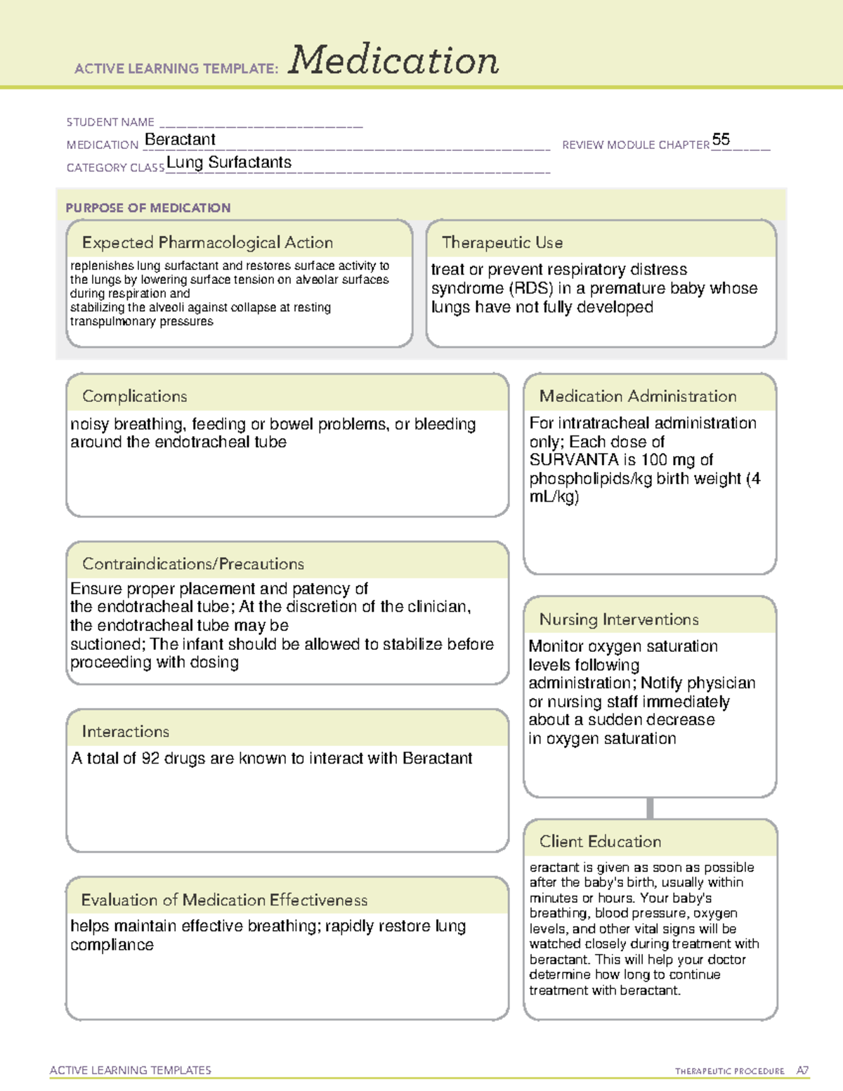 Beractant Drug Card - Active Learning Template for Medications - Studocu