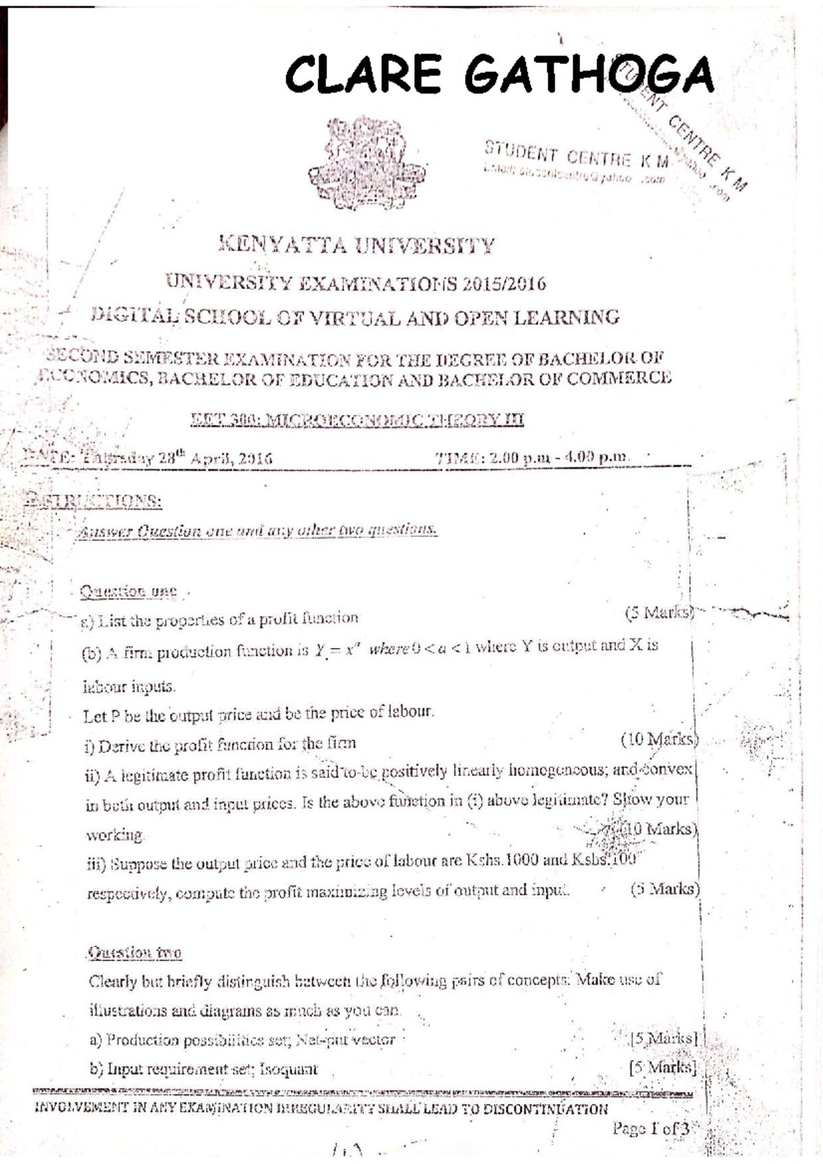 EET 300: Microeconomic Theory Exam Notes by Clare Gathoga - Studocu