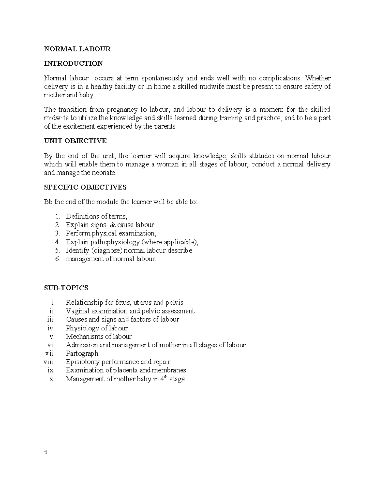 Normal Labour Management Notes DLC 2024 - Studocu