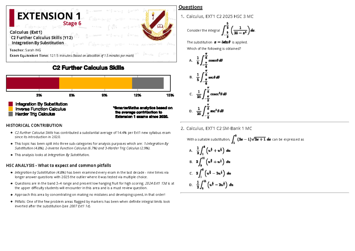 PAST HSC - EXT1 C2 Integration by Substitution Analysis - Studocu