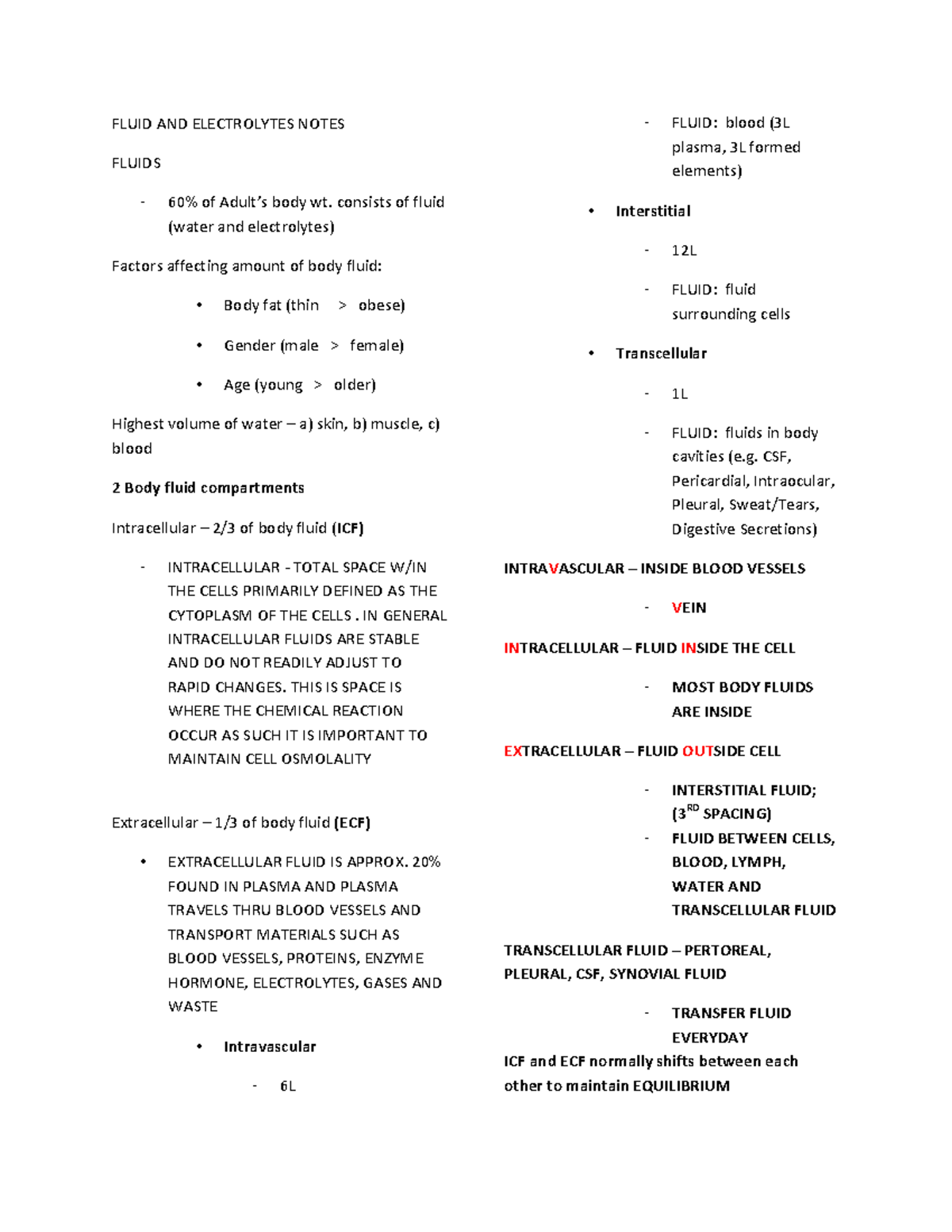 Fluid and electrolytes notes for nursing (NURS 101) - Studocu