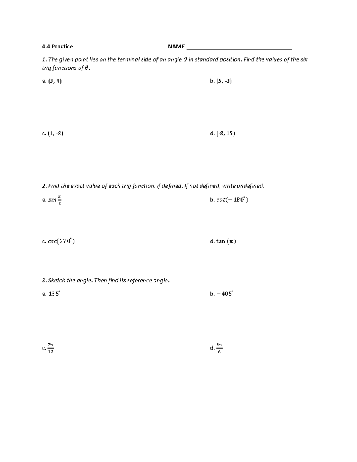 4.4 Practice WKST - Trig Functions & Reference Angles - Studocu