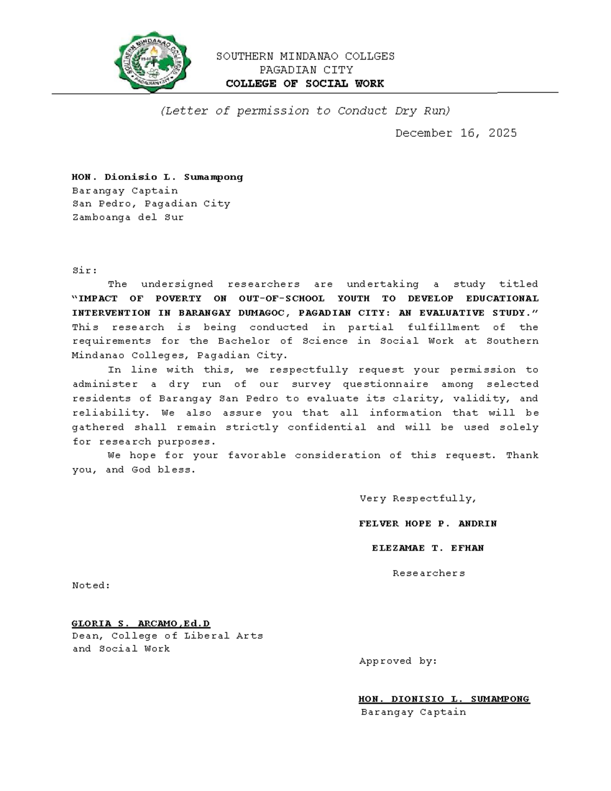 Letter of Permission for Survey: Poverty on Youth (BS Social Work ...