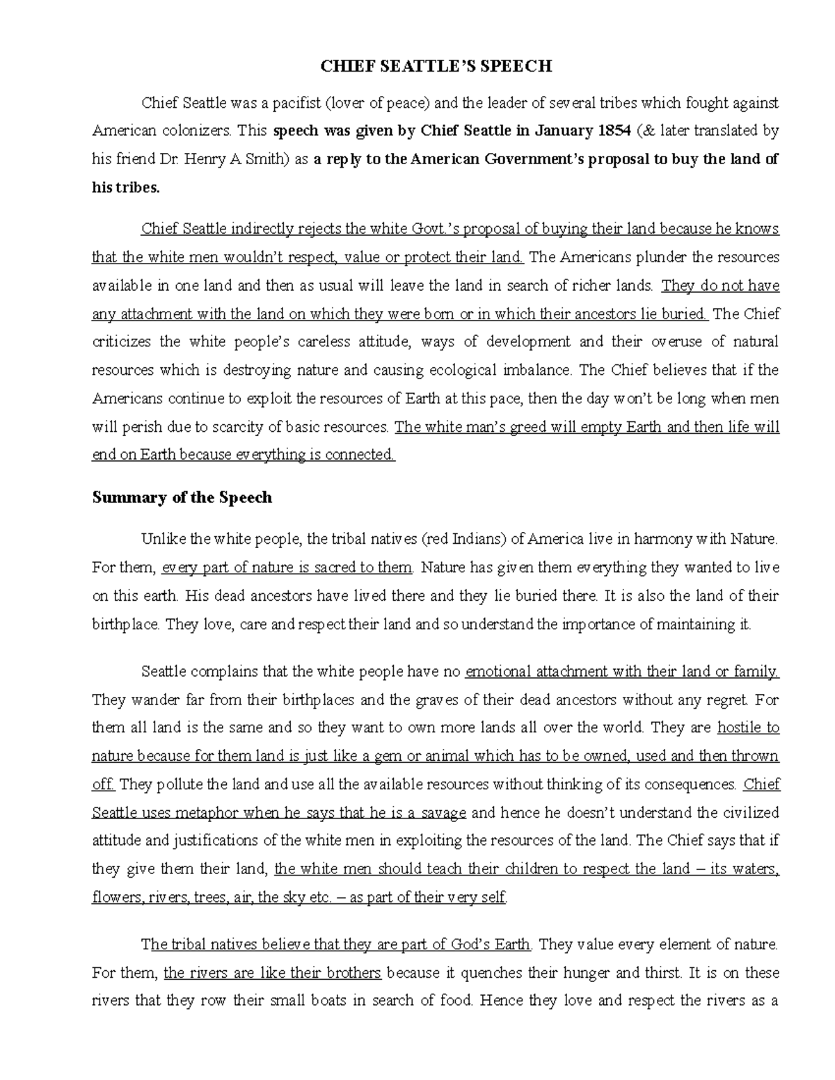 S2 Chief Seattle's 1854 Speech - Summary and Analysis Notes - Studocu