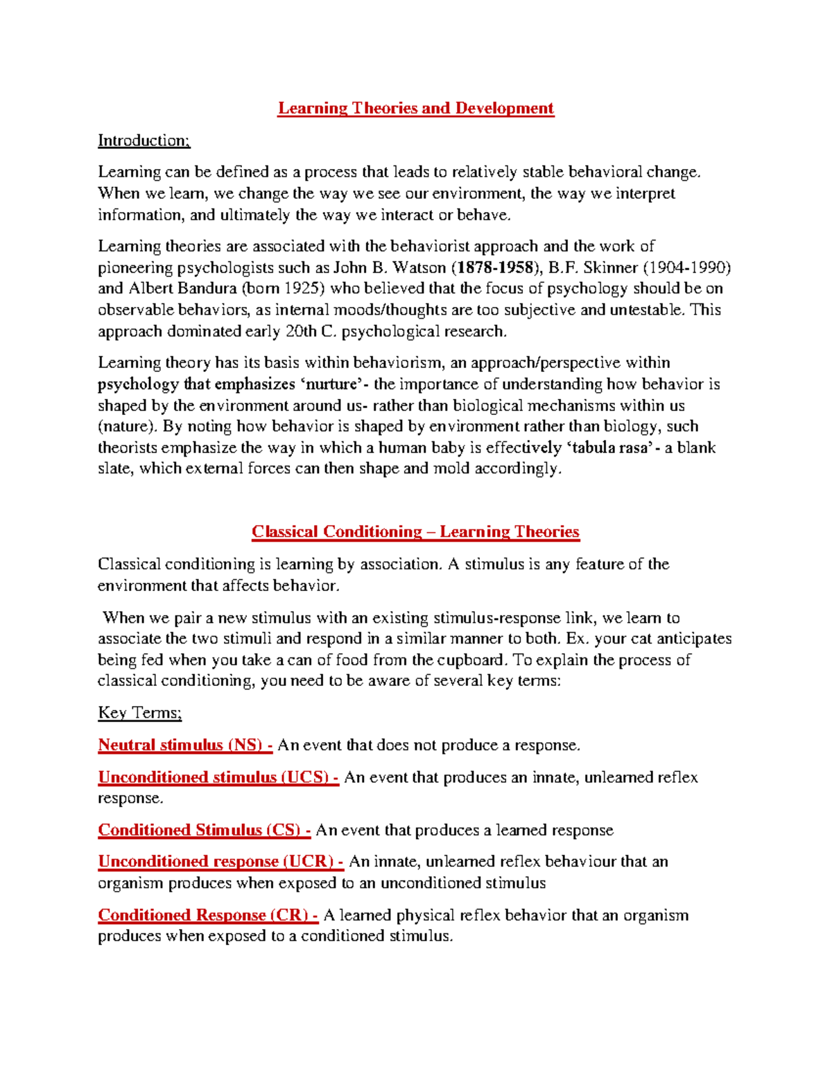 Biological Psychology (PSY101): Learning Theories & Classical ...