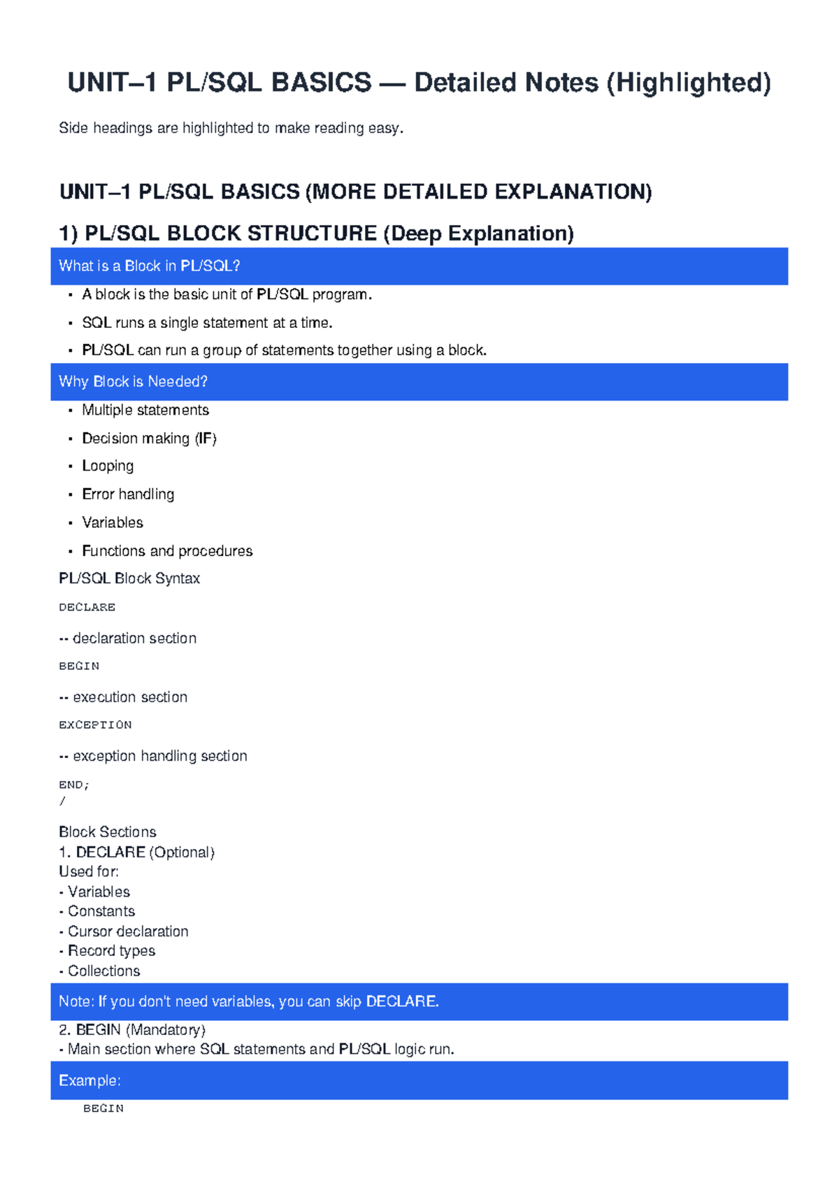 UNIT-1 PL/SQL Basics: Detailed Notes with Highlights - Studocu