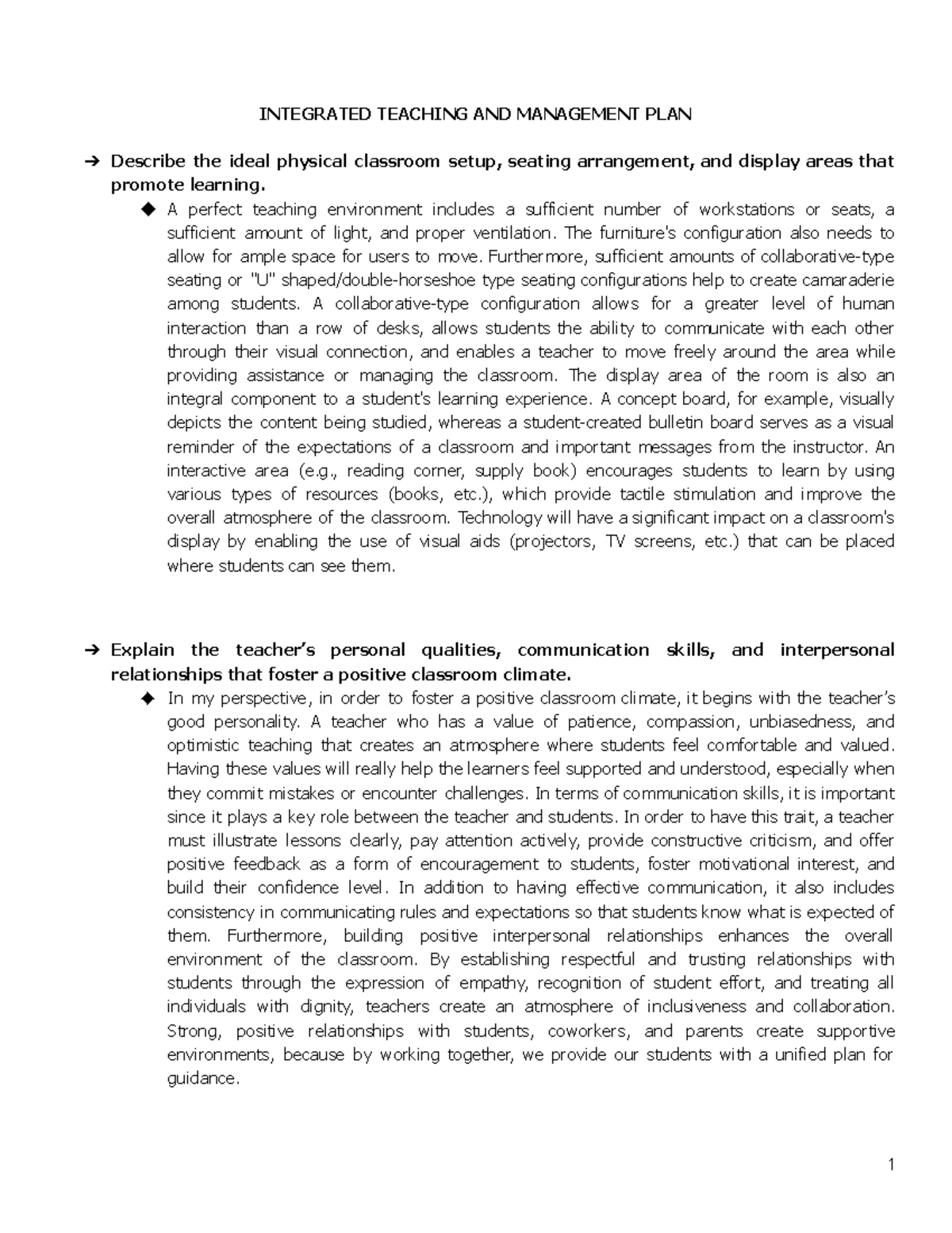 Integrated Teaching & Management Plan: Classroom Setup & Climate - Studocu