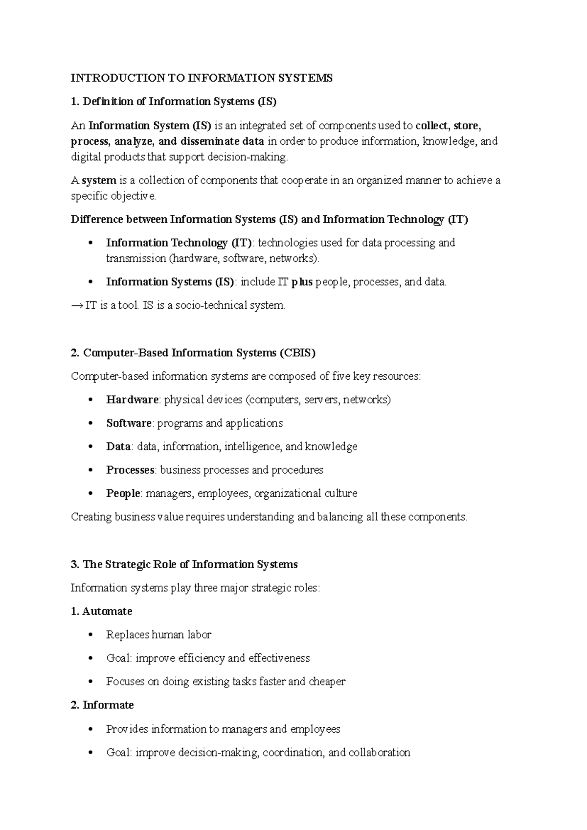 ITIS 101: Introduction to Information Systems - Course Notes - Studocu