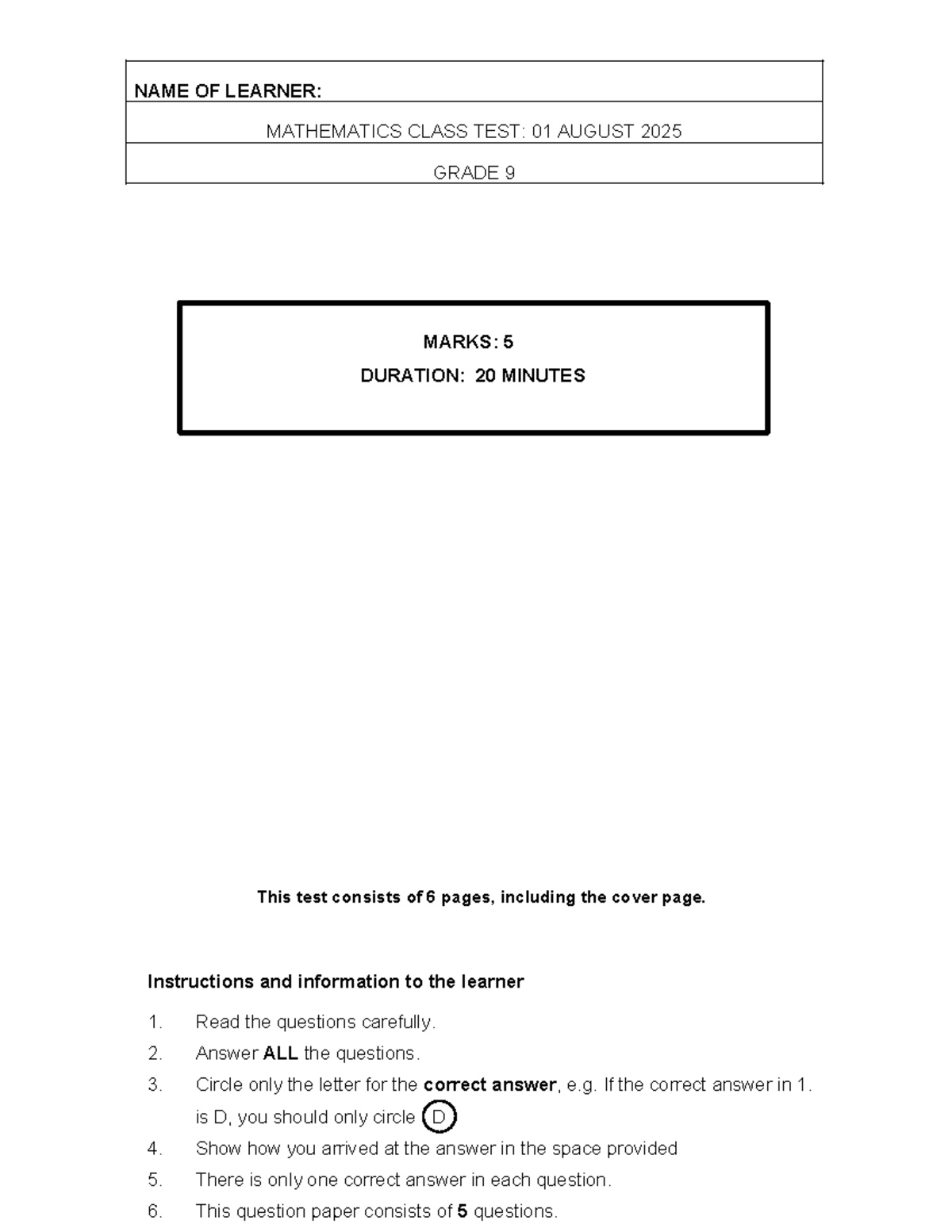 Grade 9 Mathematics Class Test - 01 August 2025 - Studocu