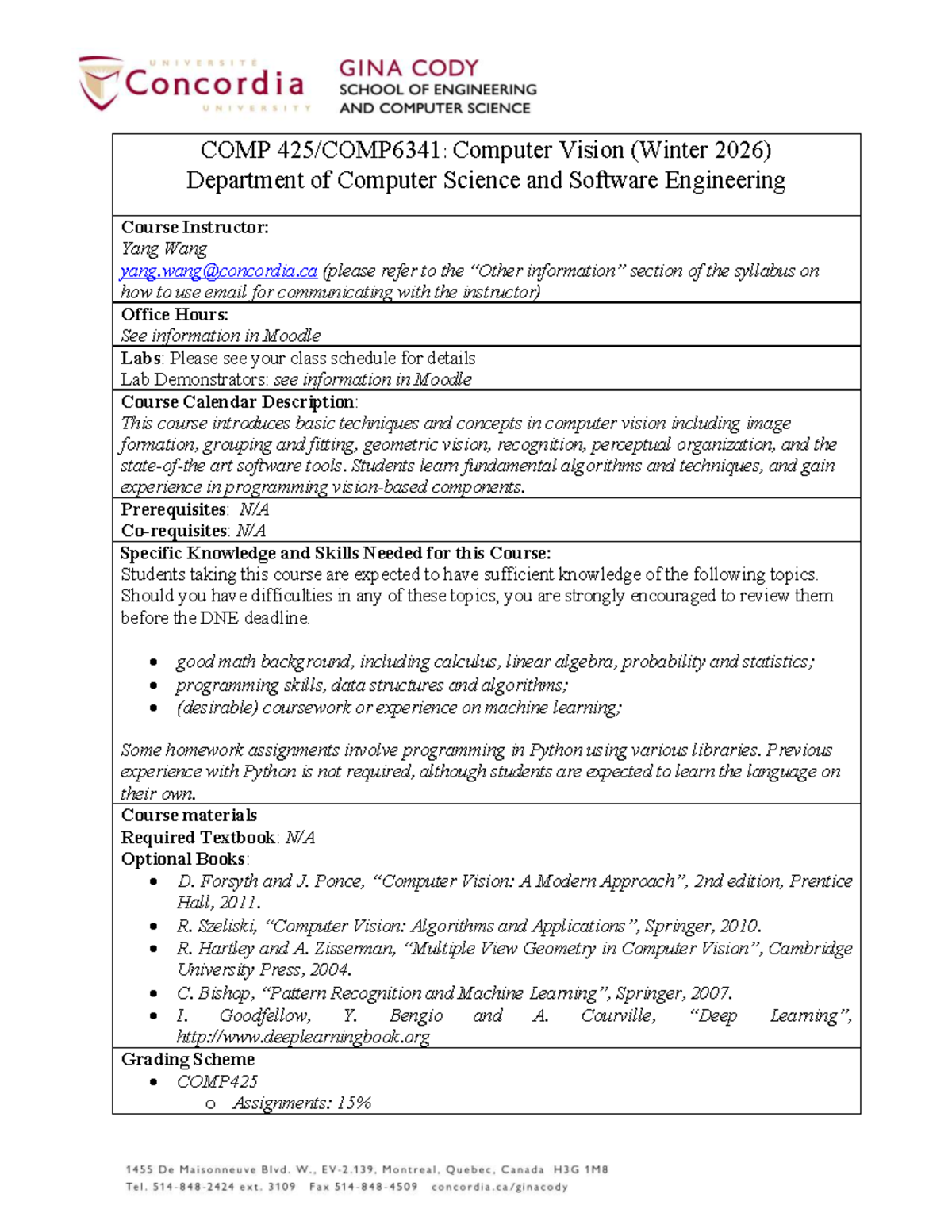 COMP425 & COMP6341 Computer Vision Syllabus (Winter 2026) - Studocu