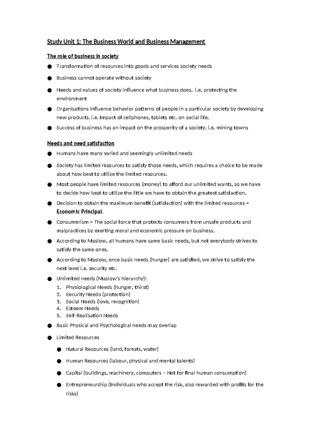 Business Management Notes Units 1-9: Overview & Key Concepts - Studocu