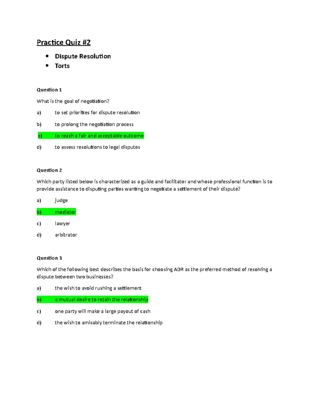 Practice Quiz 2: Dispute Resolution & Torts Questions Overview - Studocu
